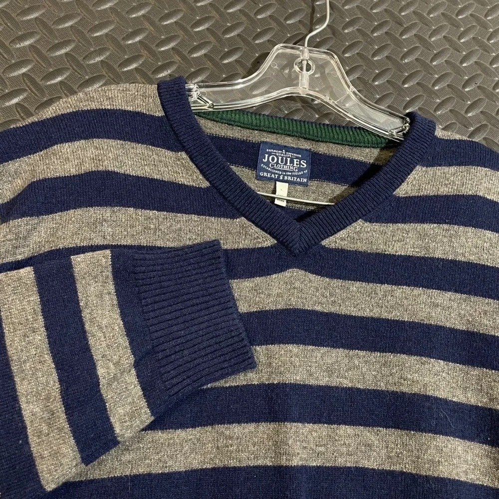 Vintage Joules Clothing‎ Gray Blue Wool Striped Pullover V-Neck Sweater Men L